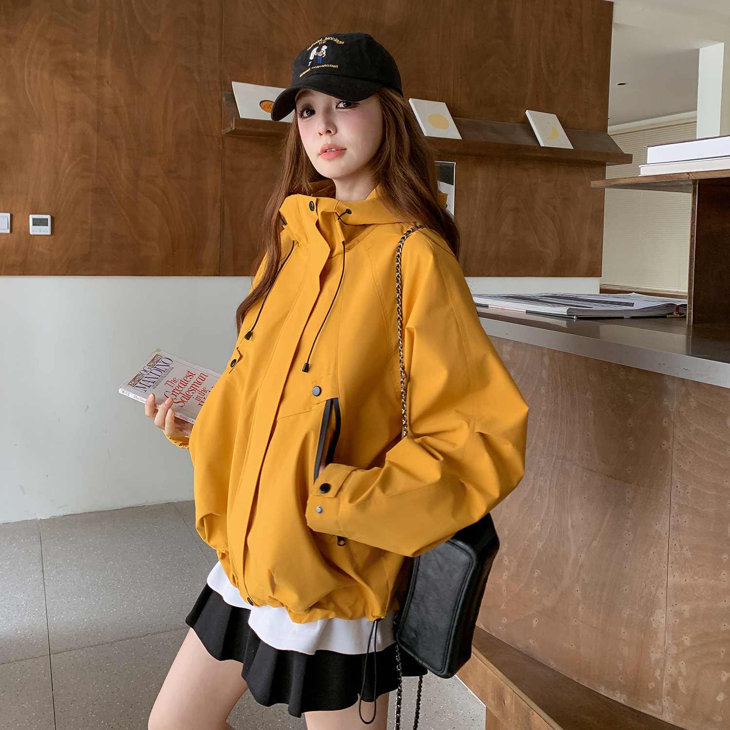黄色连帽工装外套女春秋2025新款爆款美式复古流行设计感小众夹克,女装短外套,2B154