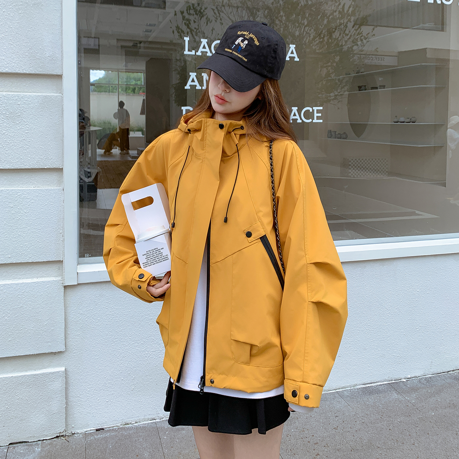 黄色连帽工装外套女春秋2025新款爆款美式复古流行设计感小众夹克,女装短外套,2B154