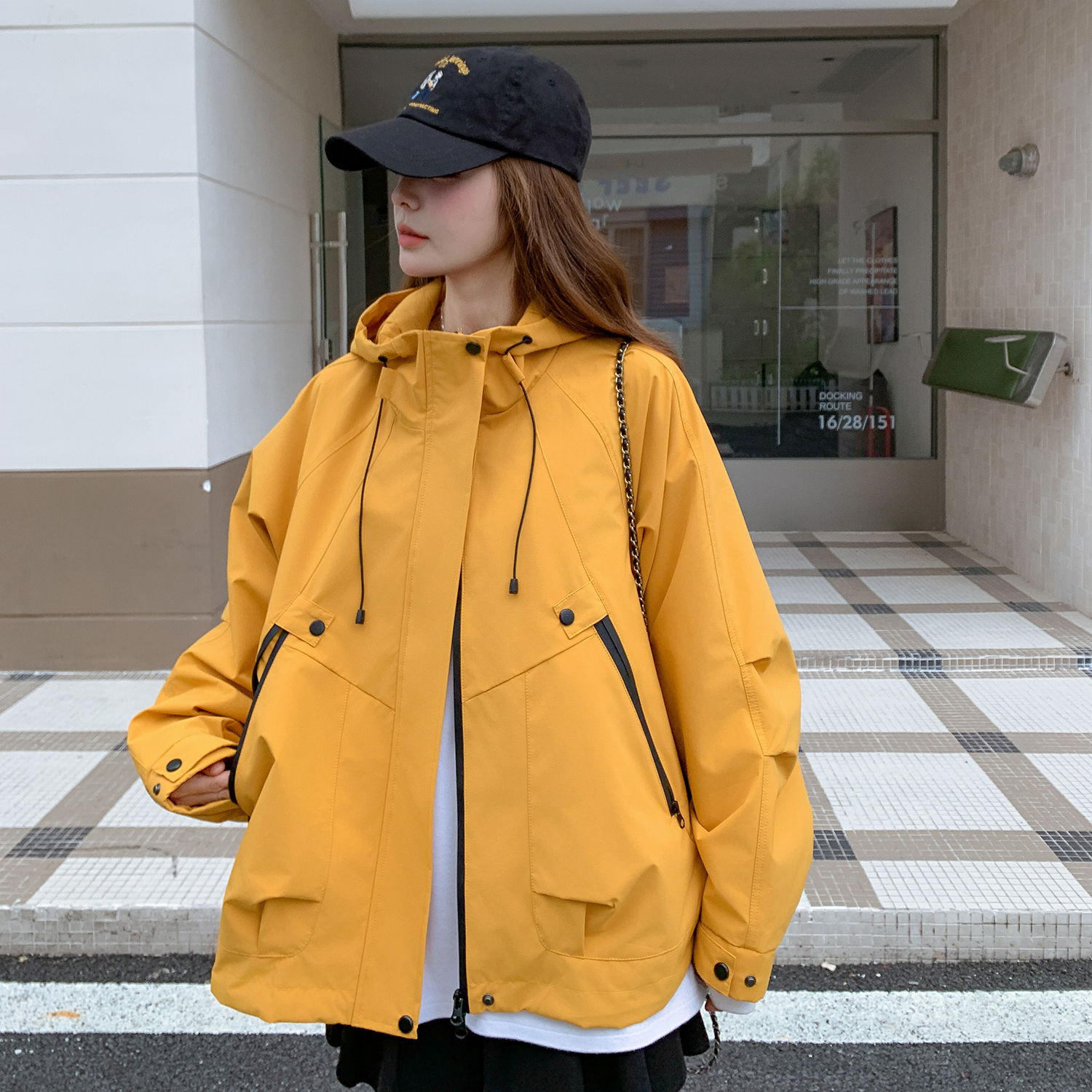 黄色连帽工装外套女春秋2025新款爆款美式复古流行设计感小众夹克,女装短外套,2B154