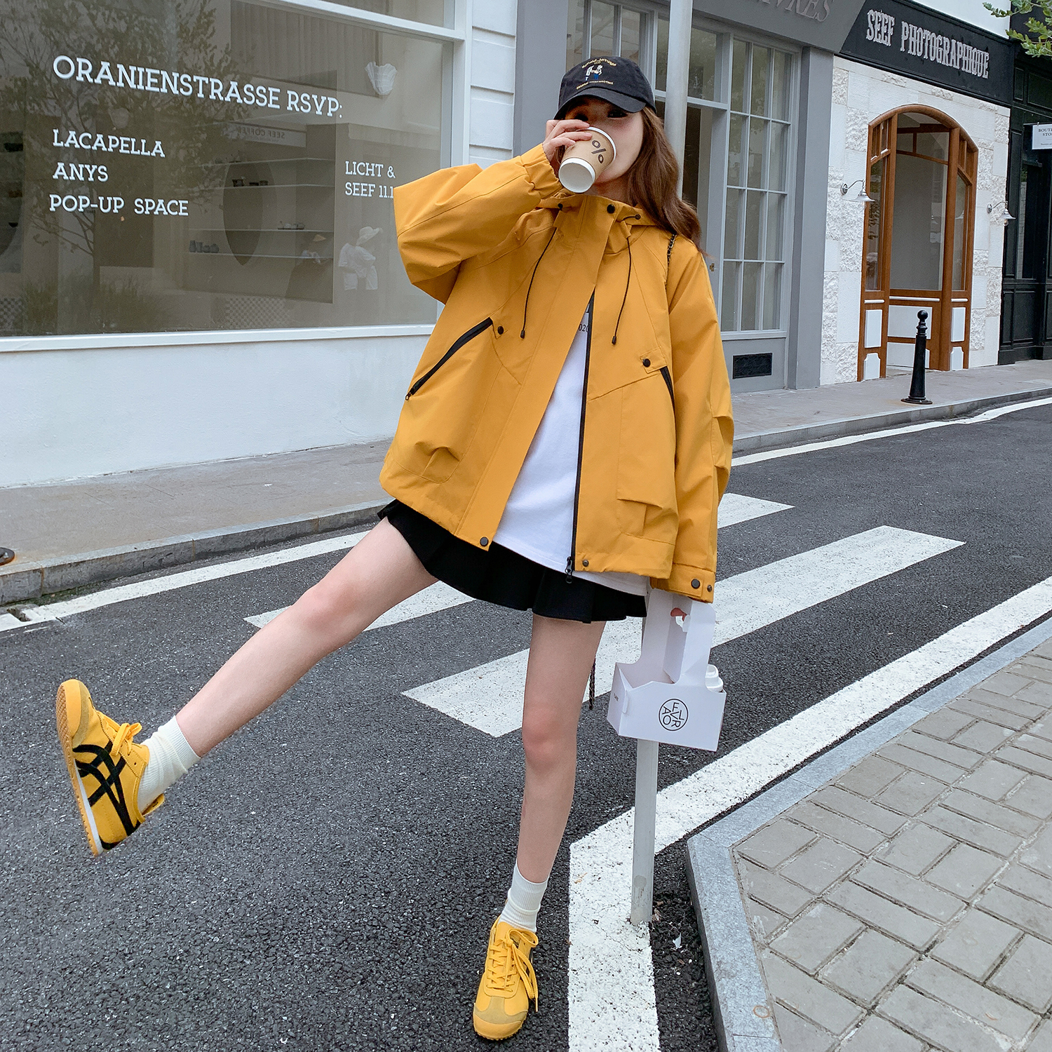 黄色连帽工装外套女春秋2025新款爆款美式复古流行设计感小众夹克,女装短外套,2B154