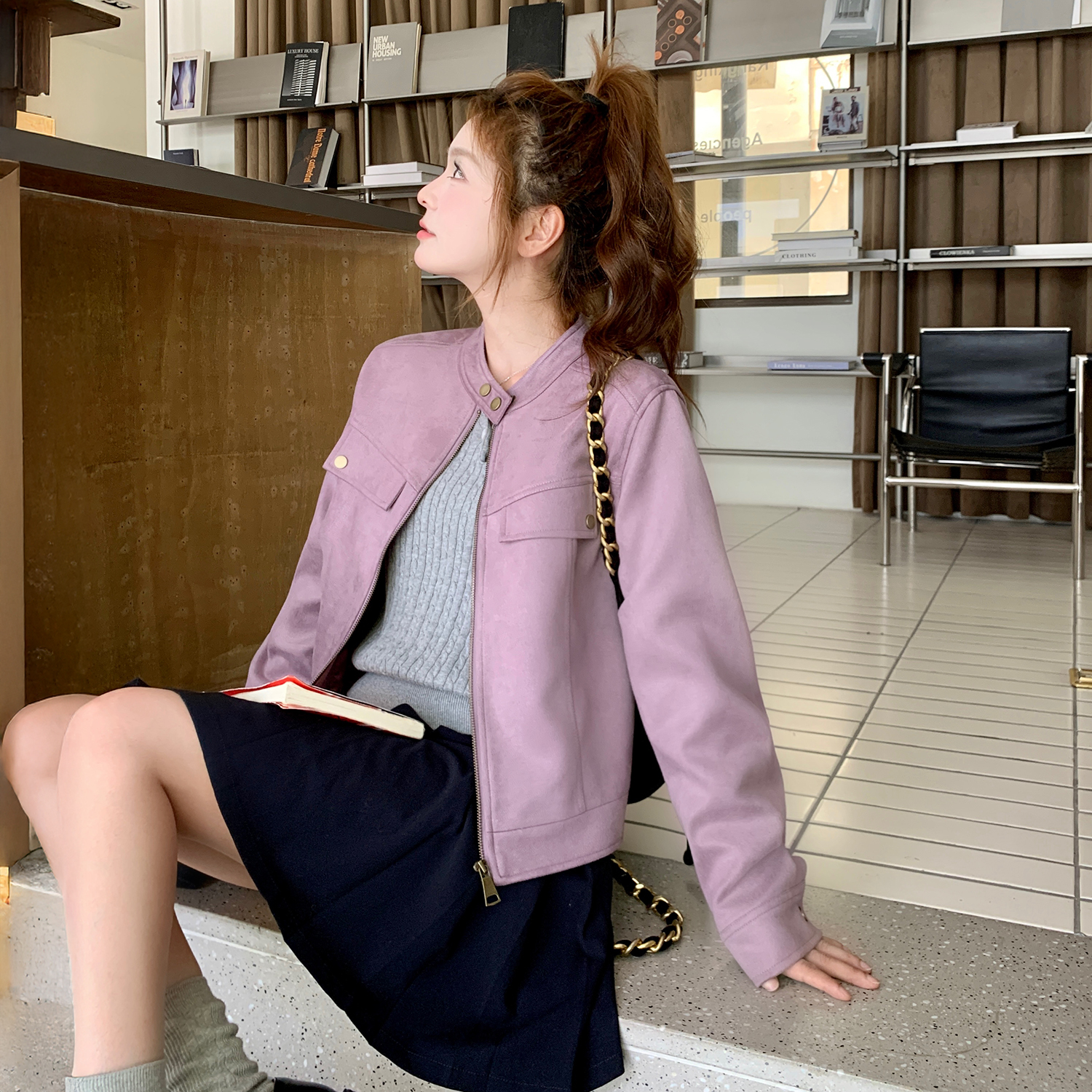 粉紫色麂皮绒外套女春秋2025新款爆款美式复古学院风短款超火上衣,女装短外套,2B154