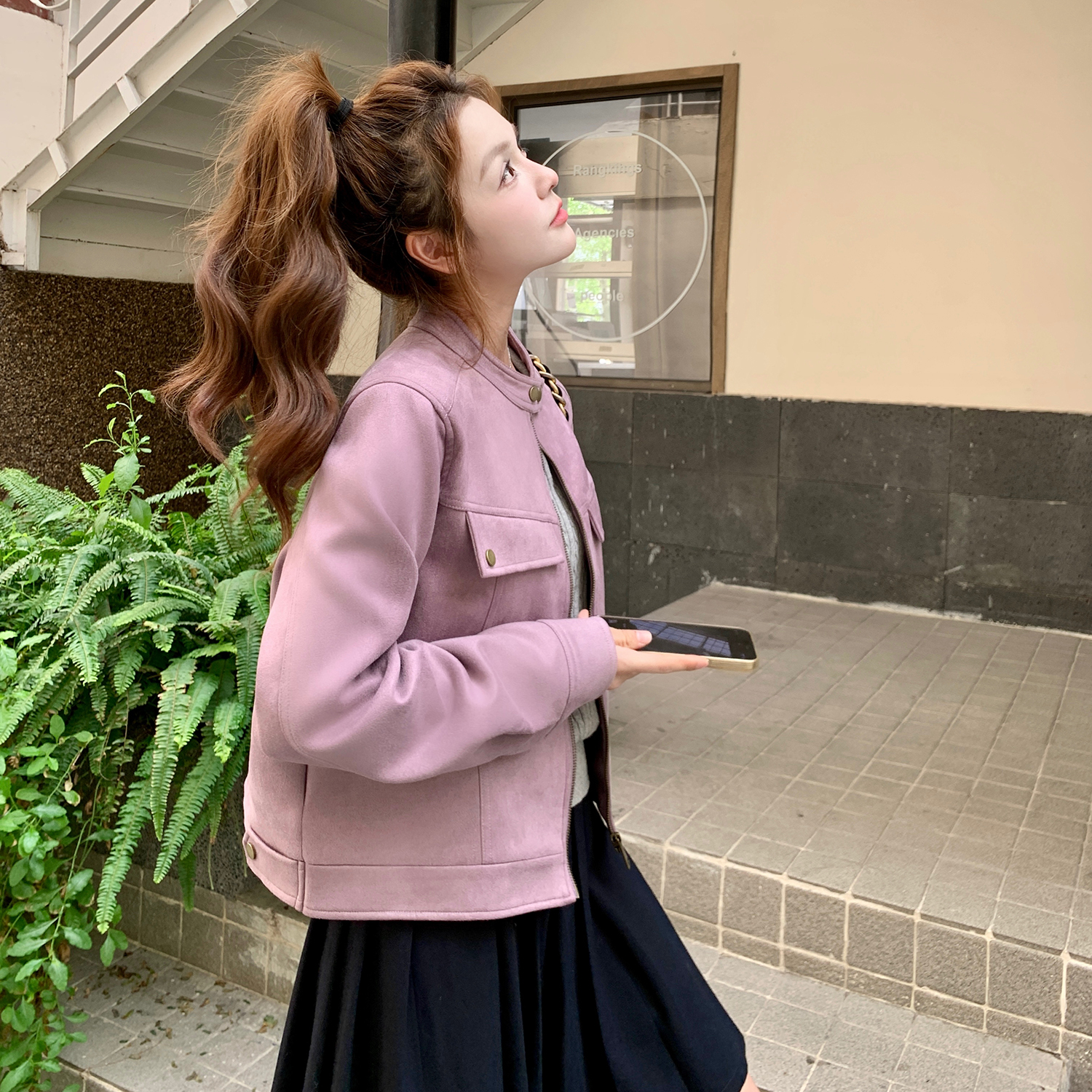 粉紫色麂皮绒外套女春秋2025新款爆款美式复古学院风短款超火上衣,女装短外套,2B154