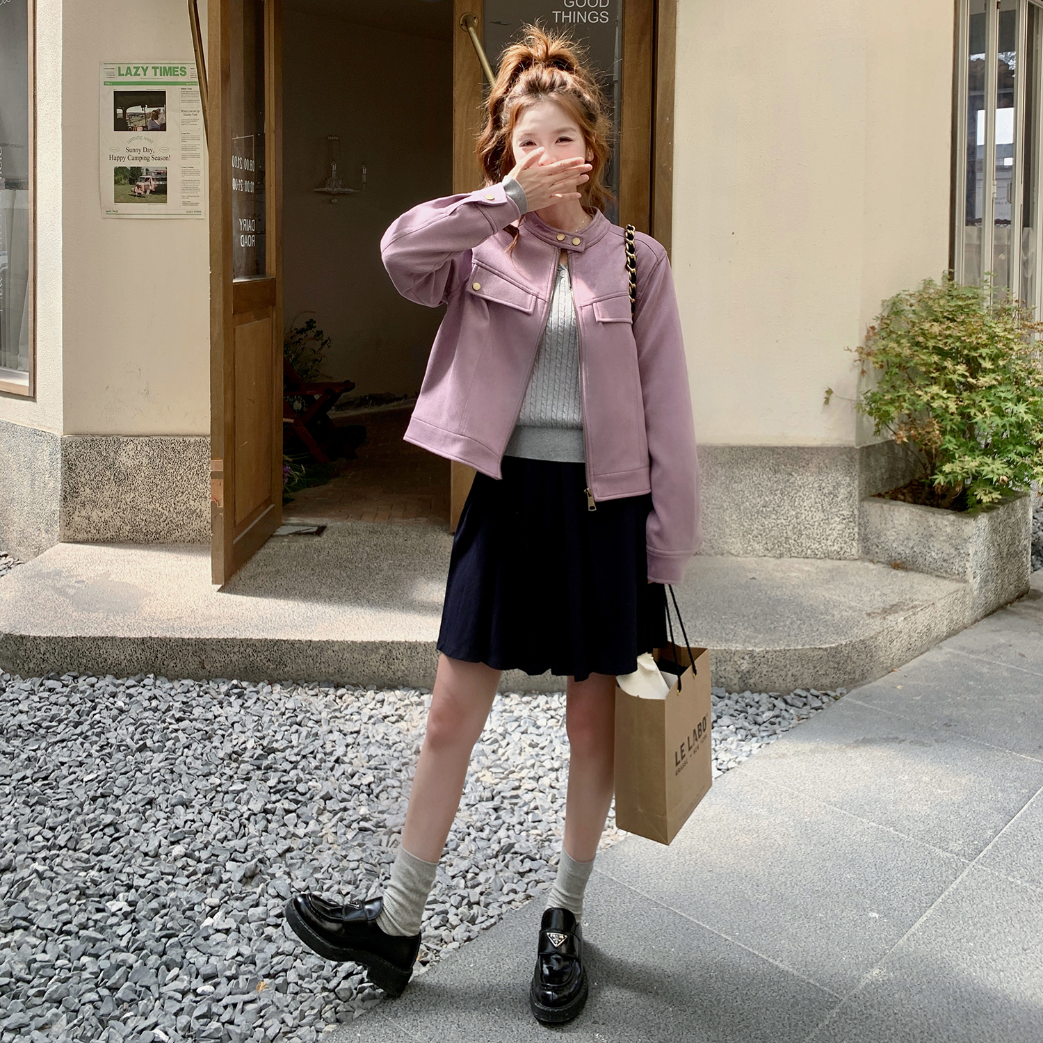 粉紫色麂皮绒外套女春秋2025新款爆款美式复古学院风短款超火上衣,女装短外套,2B154