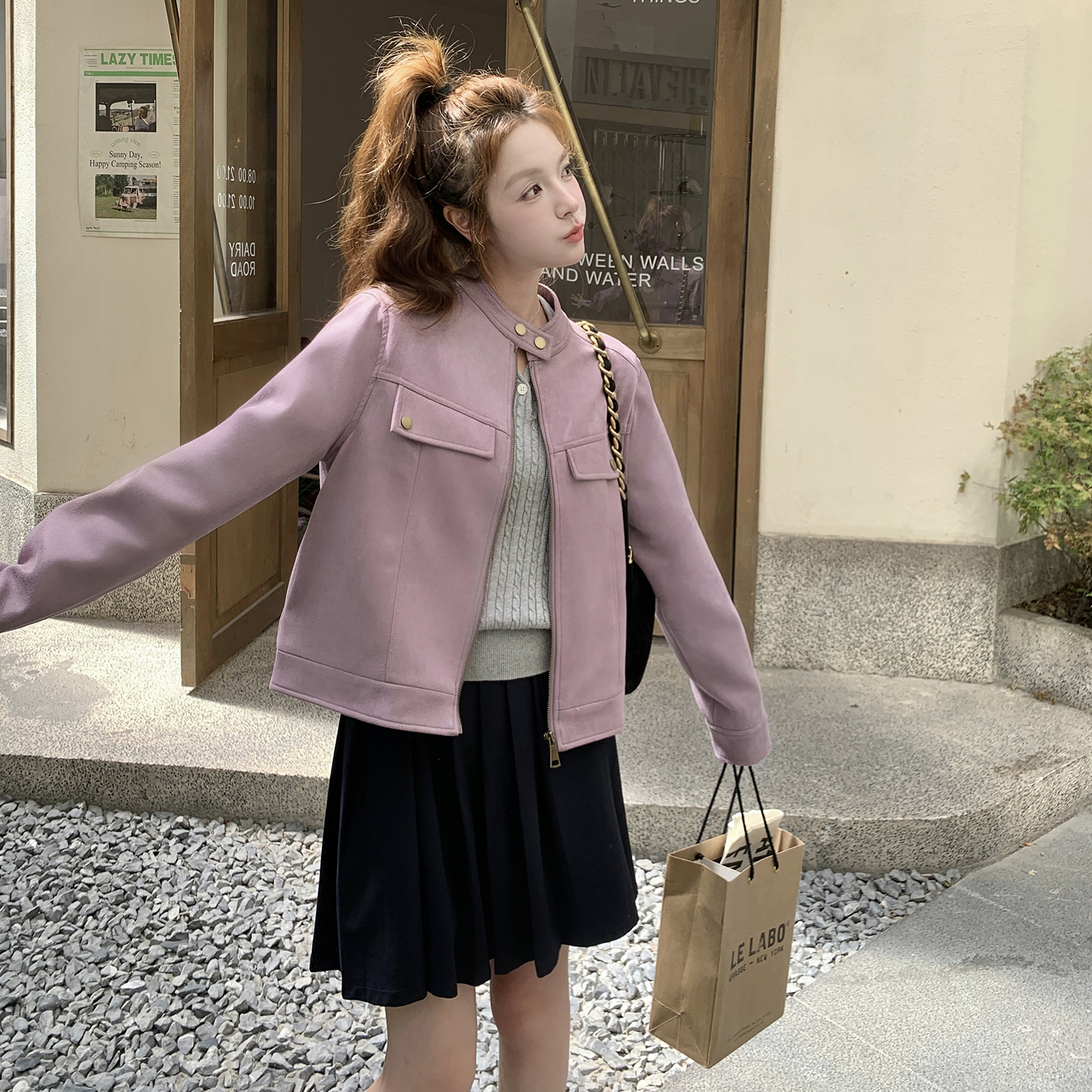 粉紫色麂皮绒外套女春秋2025新款爆款美式复古学院风短款超火上衣,女装短外套,2B154