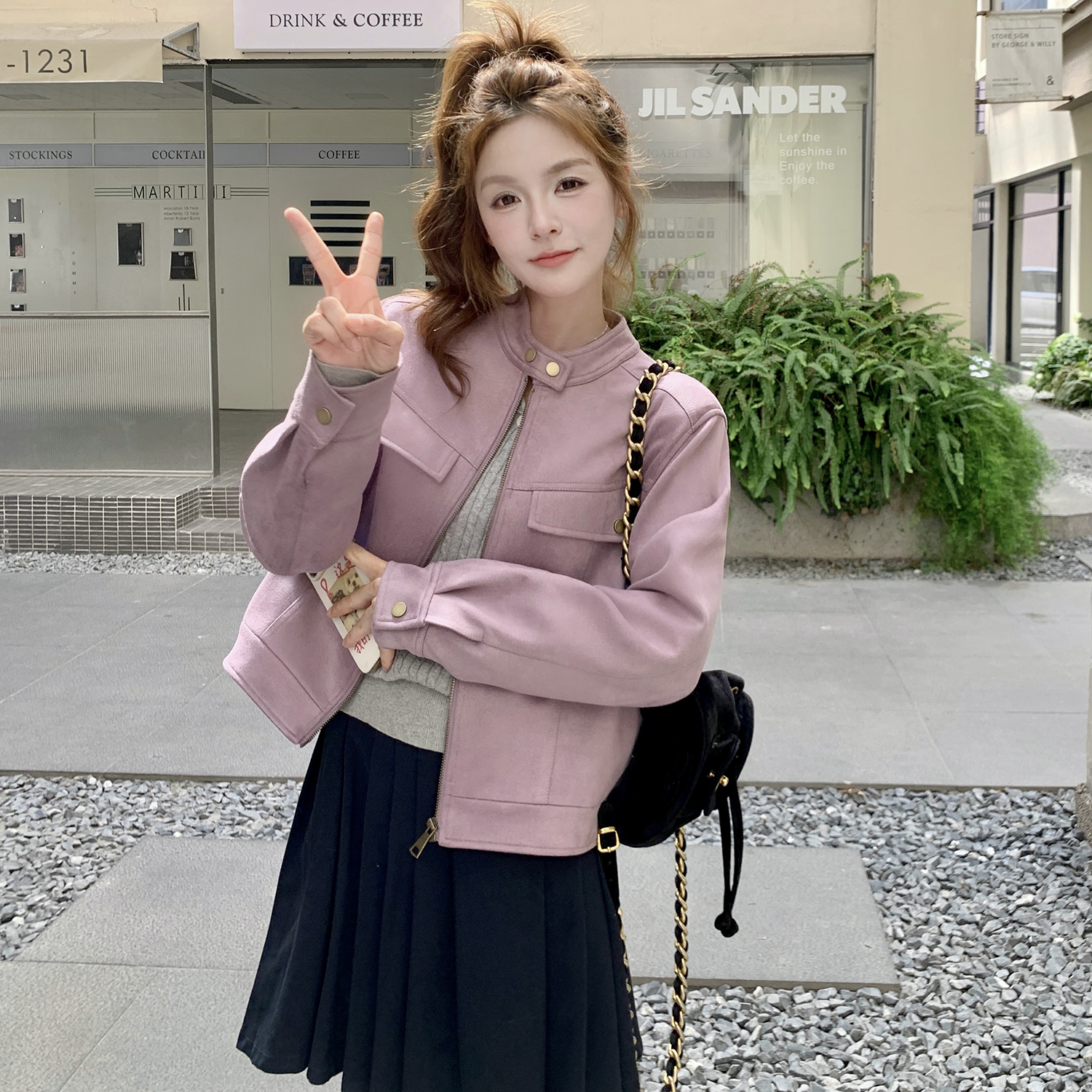 粉紫色麂皮绒外套女春秋2025新款爆款美式复古学院风短款超火上衣,女装短外套,2B154