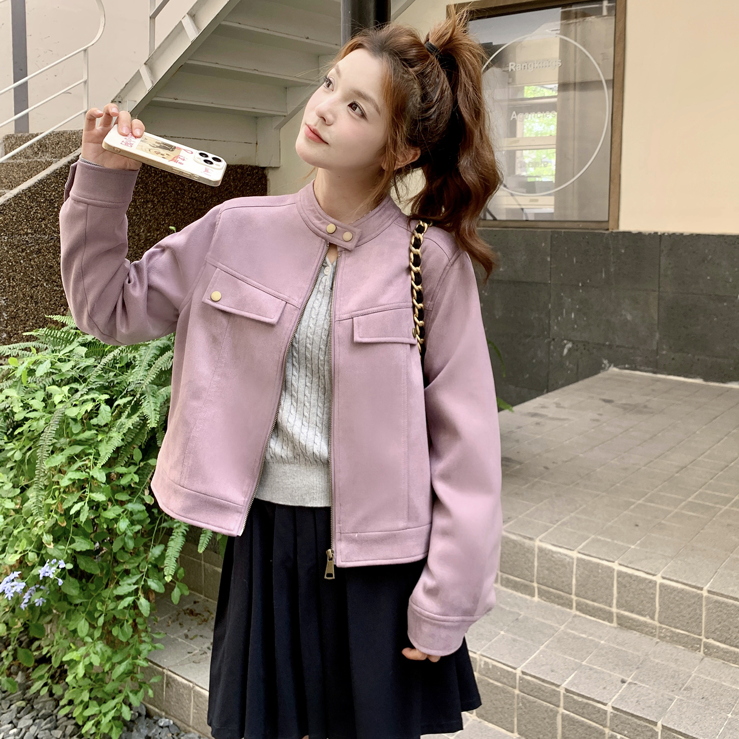 粉紫色麂皮绒外套女春秋2025新款爆款美式复古学院风短款超火上衣,女装短外套,2B154