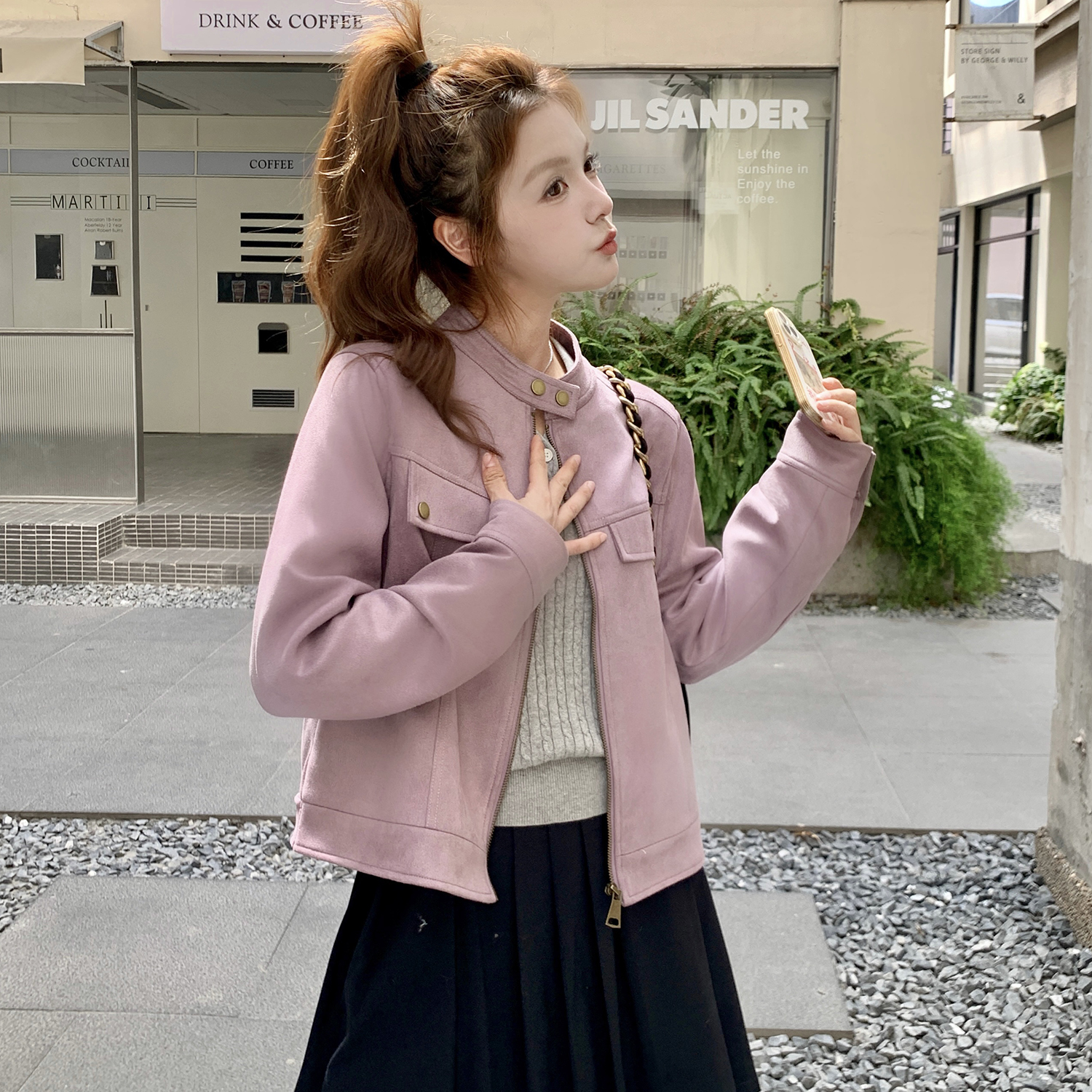 粉紫色麂皮绒外套女春秋2025新款爆款美式复古学院风短款超火上衣,女装短外套,2B154