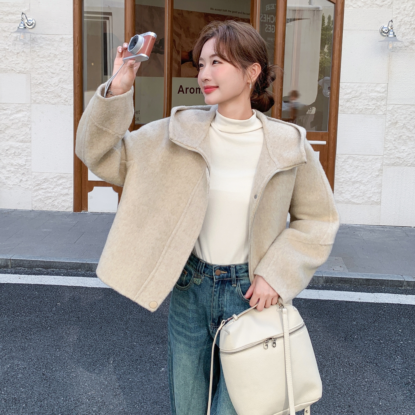 双面羊毛呢大衣短款夹克1C045-H309P255K378,女装毛呢外套,红龙果