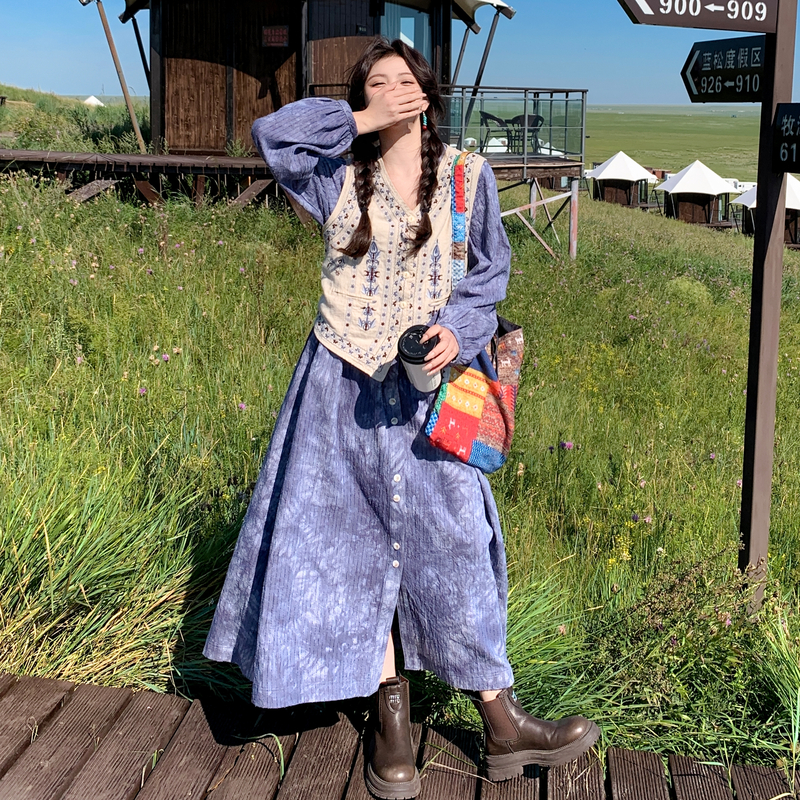 蓝色甜美小清新马甲连衣裙套装女秋季2025新款韩系清纯学院风长裙,女装套装/套裙,2C120
