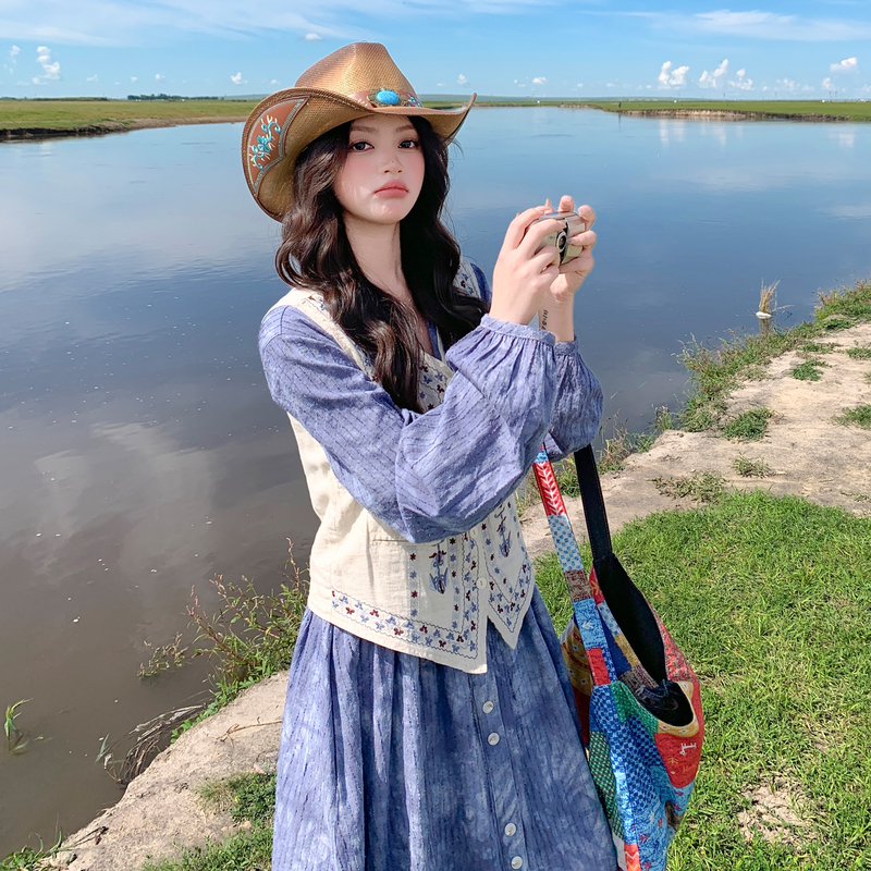 蓝色甜美小清新马甲连衣裙套装女秋季2025新款韩系清纯学院风长裙,女装套装/套裙,2C120