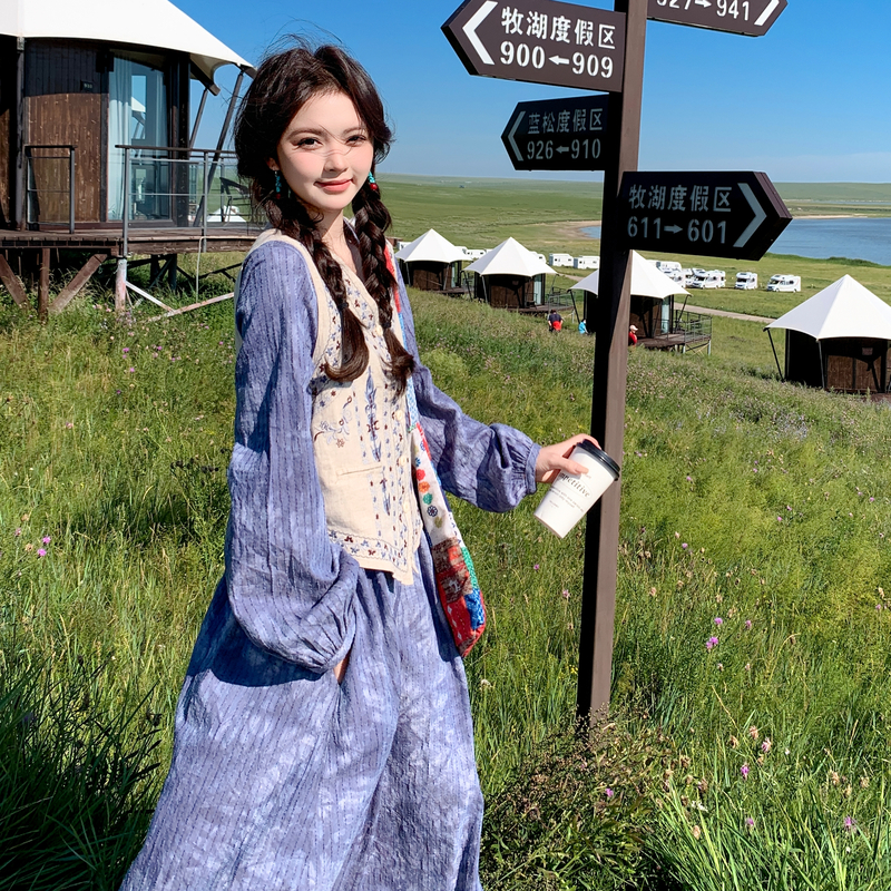 蓝色甜美小清新马甲连衣裙套装女秋季2025新款韩系清纯学院风长裙,女装套装/套裙,2C120