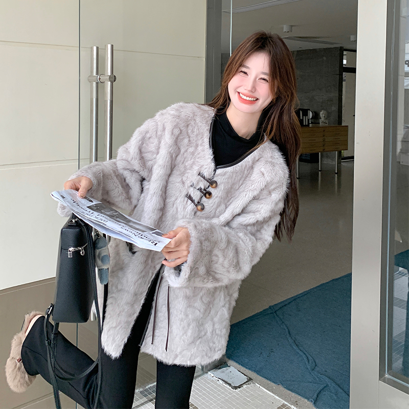 现货！冬装 休闲灰色皮毛一体外套2C056-6837-P195控288图片