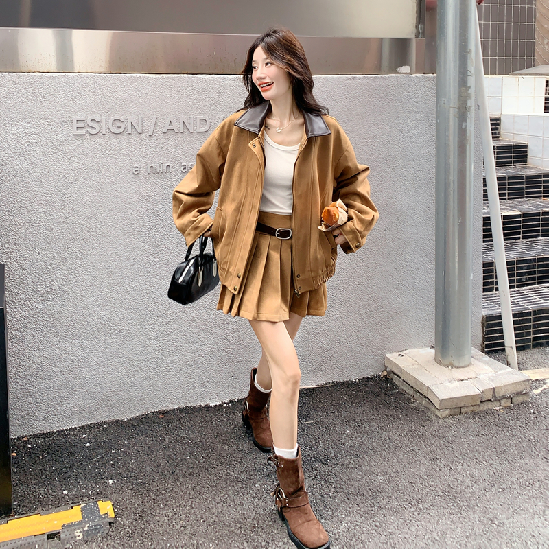 美拉德复古套装女2025秋季新款甜酷风设计感拼接外套百褶裙两件套图片