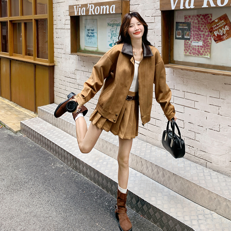 美拉德复古套装女2025秋季新款甜酷风设计感拼接外套百褶裙两件套图片