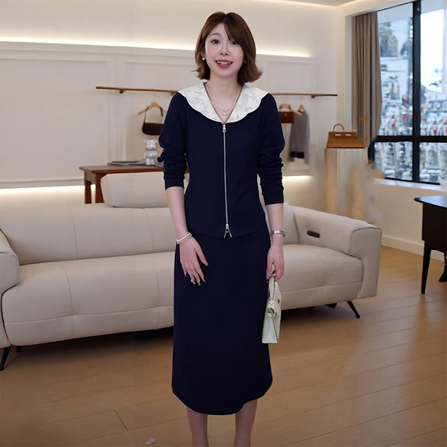 时尚气质减龄套装裙女秋季新款娃娃领领开衫拉链上衣中长裙两件套图片