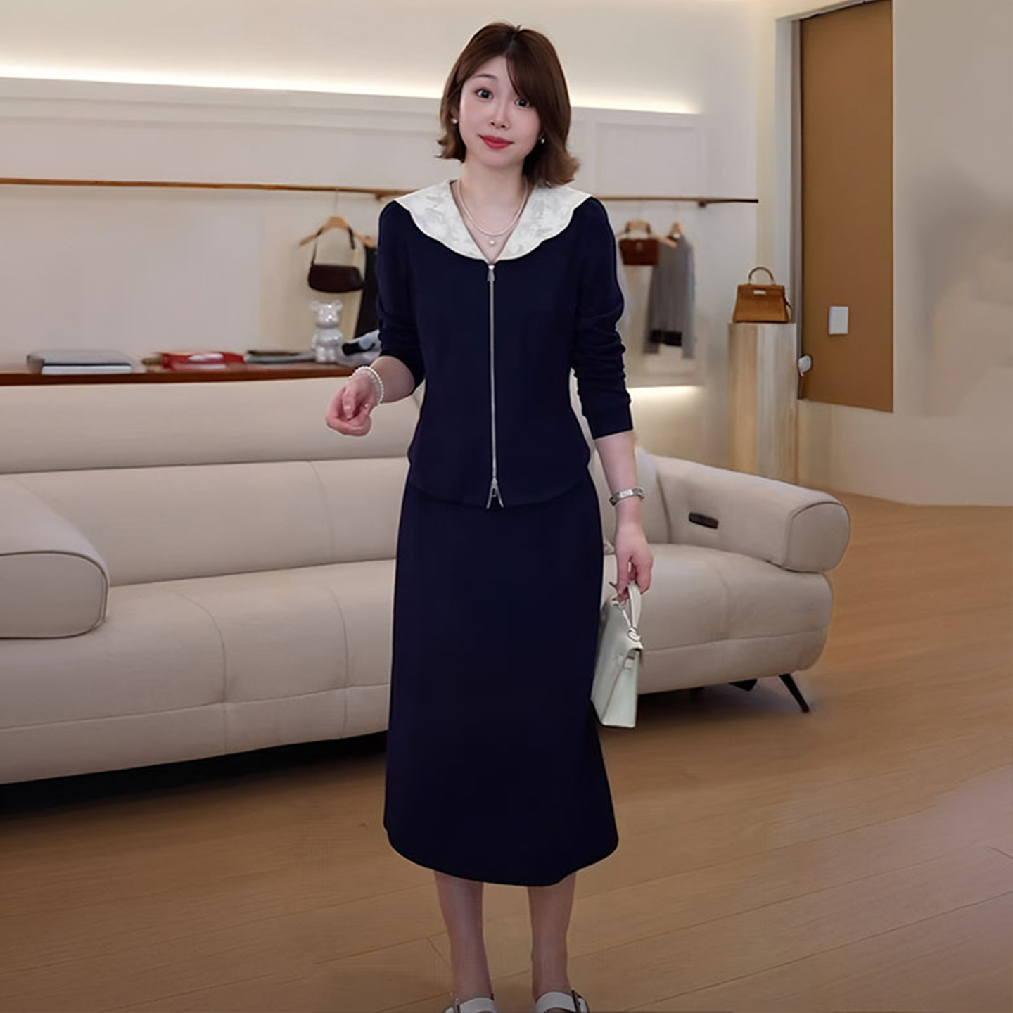 时尚气质减龄套装裙女秋季新款娃娃领领开衫拉链上衣中长裙两件套图片