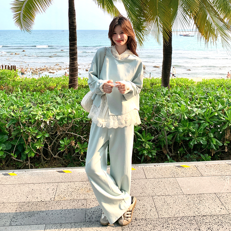 慵懒风设计感休闲蕾丝卫衣套装女潮流减龄2025秋新款阔腿裤三件套图片
