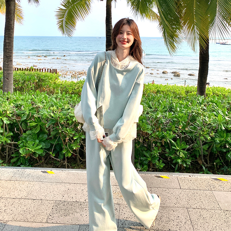 慵懒风设计感休闲蕾丝卫衣套装女潮流减龄2025秋新款阔腿裤三件套图片