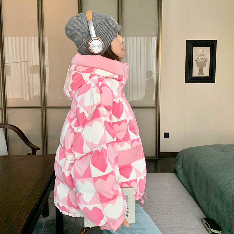 粉色印花羽绒服女冬季新款韩系高级感加厚小个子短款90白鸭绒外套图片