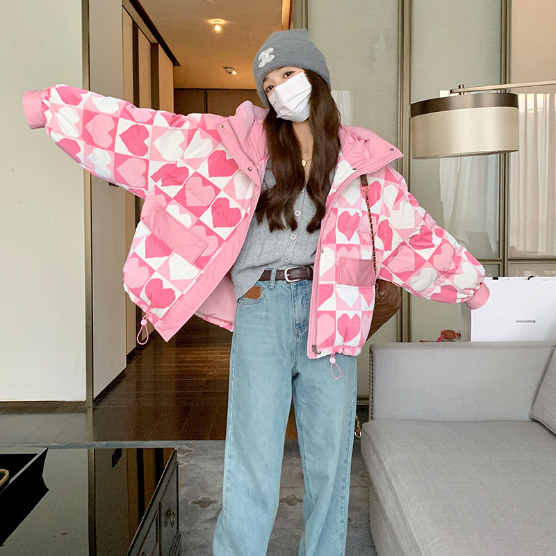 粉色印花羽绒服女冬季新款韩系高级感加厚小个子短款90白鸭绒外套图片