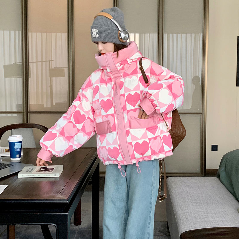 粉色印花羽绒服女冬季新款韩系高级感加厚小个子短款90白鸭绒外套图片