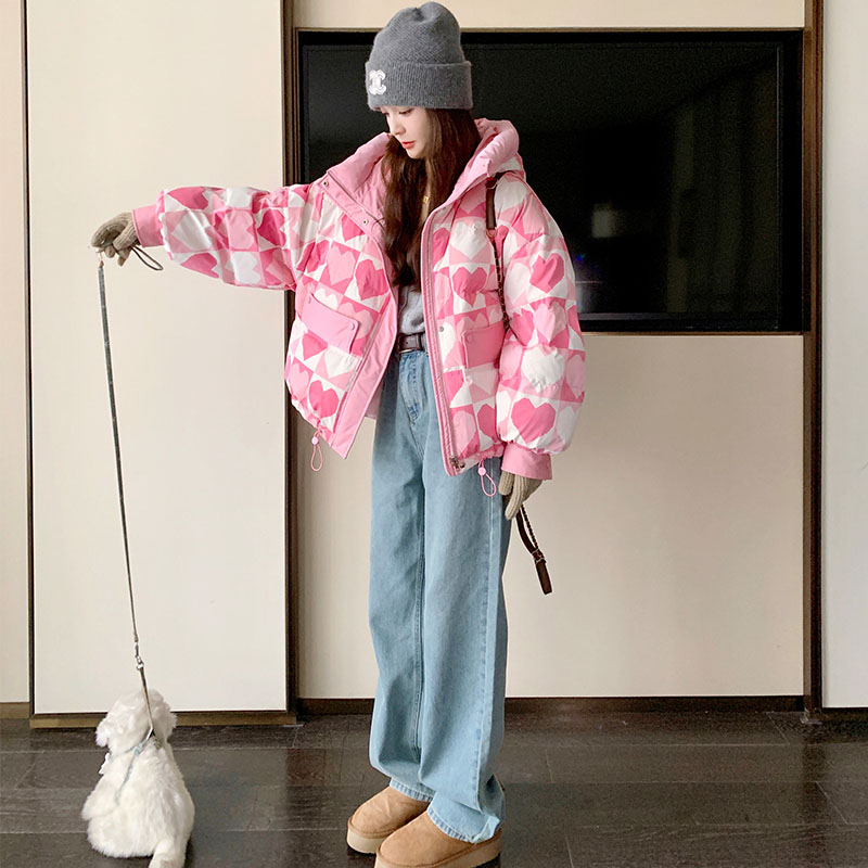 粉色印花羽绒服女冬季新款韩系高级感加厚小个子短款90白鸭绒外套图片