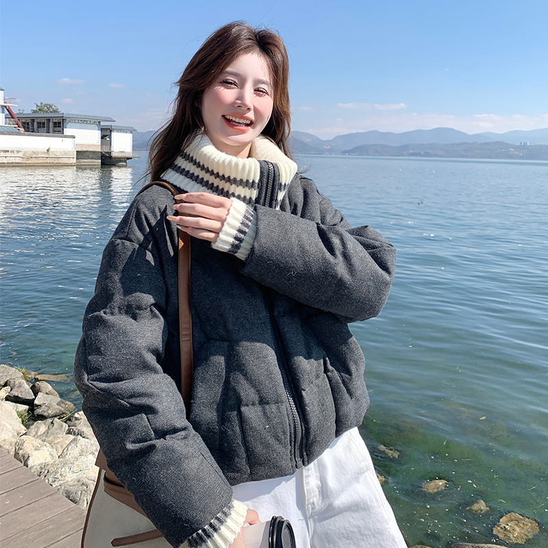 针织领拼接灰色羽绒服女冬季新款小个子短款面包服加厚90白鸭绒图片