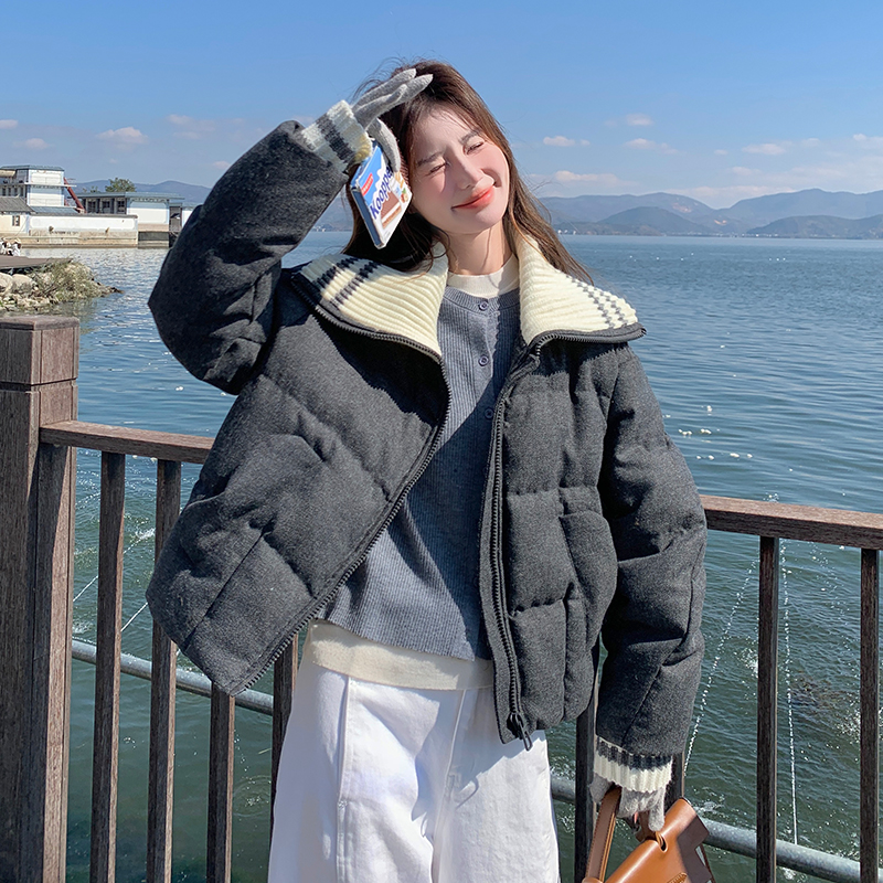 针织领拼接灰色羽绒服女冬季新款小个子短款面包服加厚90白鸭绒图片