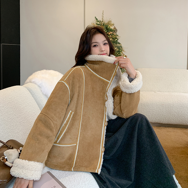 咖色复古麂皮绒皮毛一体羊羔毛短外套女2025冬新款小个子加厚上衣图片