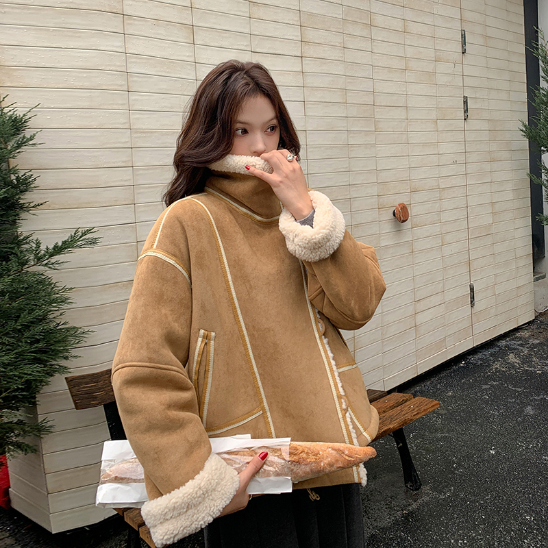 咖色复古麂皮绒皮毛一体羊羔毛短外套女2025冬新款小个子加厚上衣图片