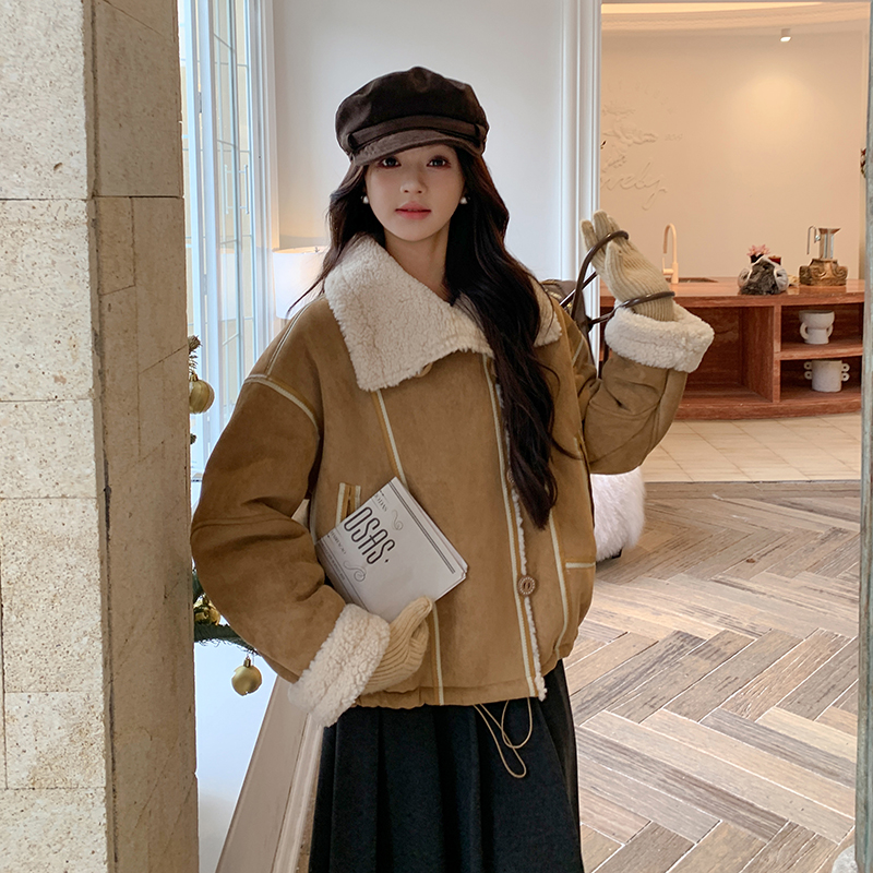 咖色复古麂皮绒皮毛一体羊羔毛短外套女2025冬新款小个子加厚上衣图片