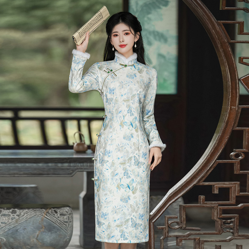 新中式风立领玉兔提花一字精美盘扣加绒旗袍2652P145,女装汉服/婚纱/旗袍/礼服,乐衣轩