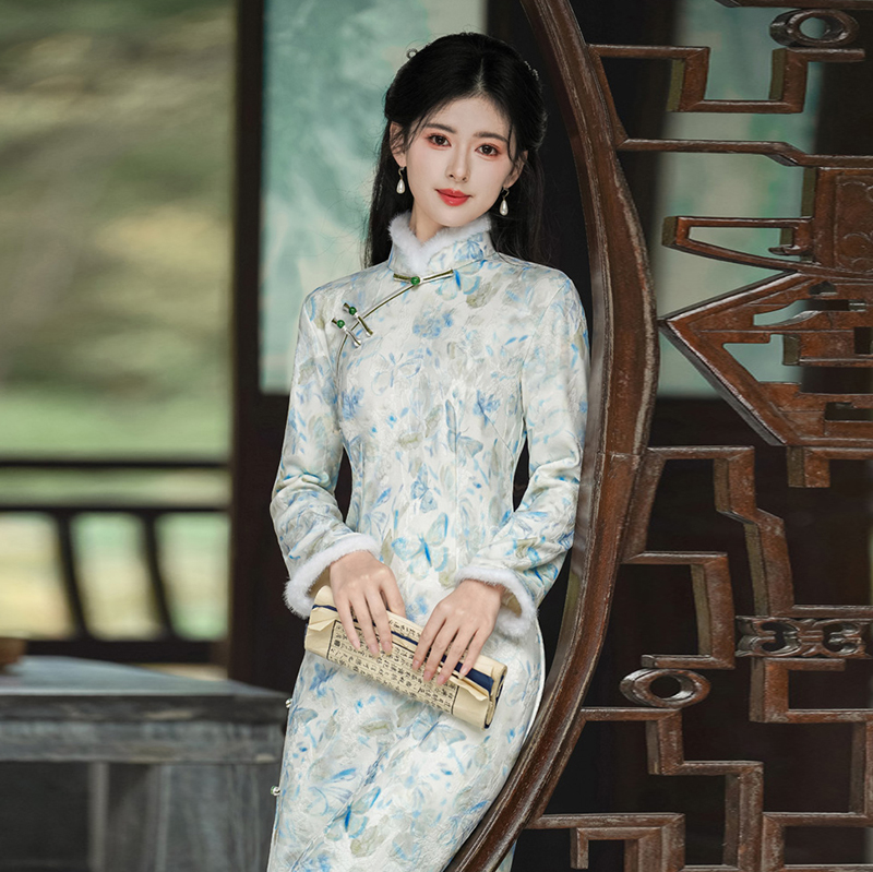 新中式风立领玉兔提花一字精美盘扣加绒旗袍2652P145,女装汉服/婚纱/旗袍/礼服,乐衣轩