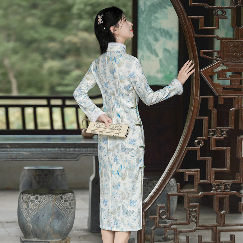 新中式风立领玉兔提花一字精美盘扣加绒旗袍2652P145,女装汉服/婚纱/旗袍/礼服,乐衣轩