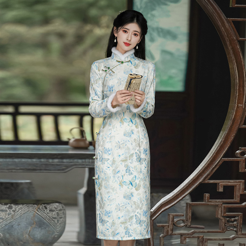 新中式风立领玉兔提花一字精美盘扣加绒旗袍2652P145,女装汉服/婚纱/旗袍/礼服,乐衣轩