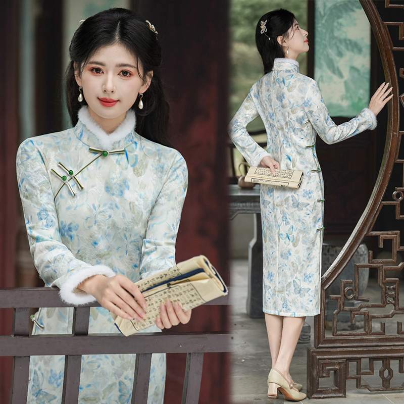 新中式风立领玉兔提花一字精美盘扣加绒旗袍2652P145,女装汉服/婚纱/旗袍/礼服,乐衣轩