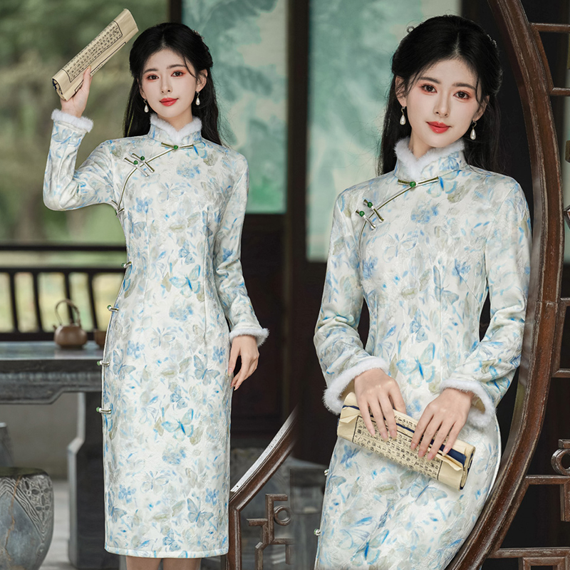 新中式风立领玉兔提花一字精美盘扣加绒旗袍2652P145,女装汉服/婚纱/旗袍/礼服,乐衣轩
