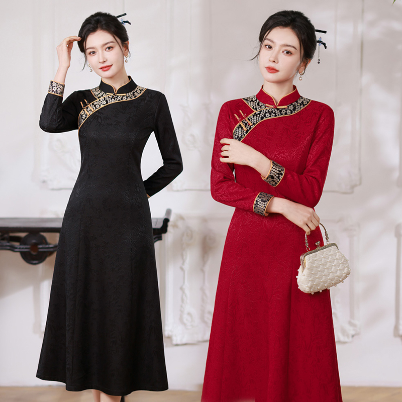 新中式风立领钉珠网纱提花加绒旗袍 2655 P155,汉服/婚纱/旗袍/礼服,乐衣轩