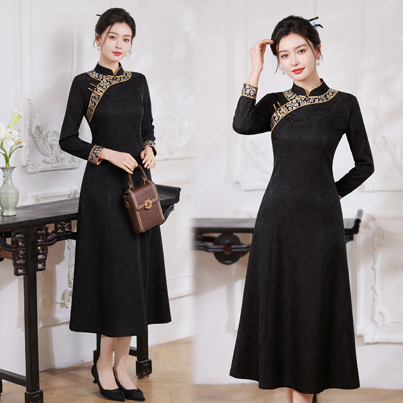 新中式风立领钉珠网纱提花加绒旗袍2655P155，女装汉服/婚纱/旗袍/礼服，乐衣轩