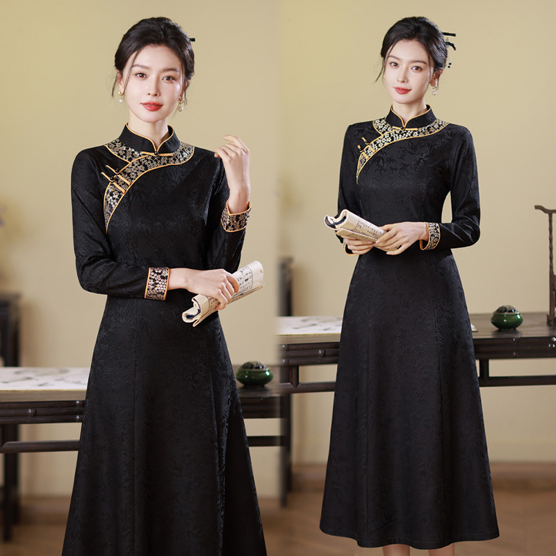 新中式风立领钉珠网纱提花加绒旗袍2655P155，女装汉服/婚纱/旗袍/礼服，乐衣轩