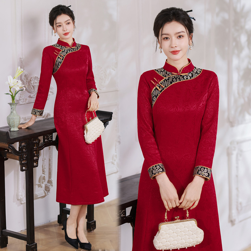 新中式风立领钉珠网纱提花加绒旗袍2655P155，女装汉服/婚纱/旗袍/礼服，乐衣轩