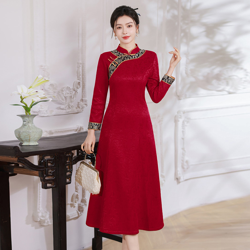 新中式风立领钉珠网纱提花加绒旗袍2655P155，女装汉服/婚纱/旗袍/礼服，乐衣轩