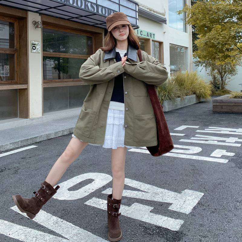 韩系工装风军绿色外套女秋季2025新款超好看中长款宽松休闲夹克图片