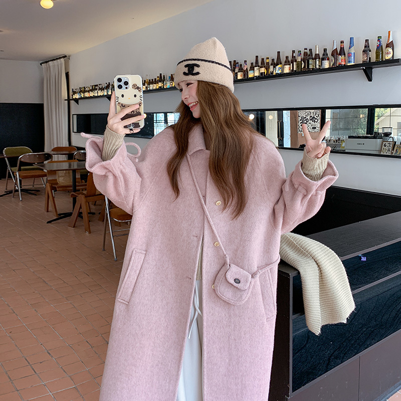 韩系温柔风粉色毛呢外套女秋冬2025新款高级感加厚中长款呢子大衣,女装毛呢外套,2D080
