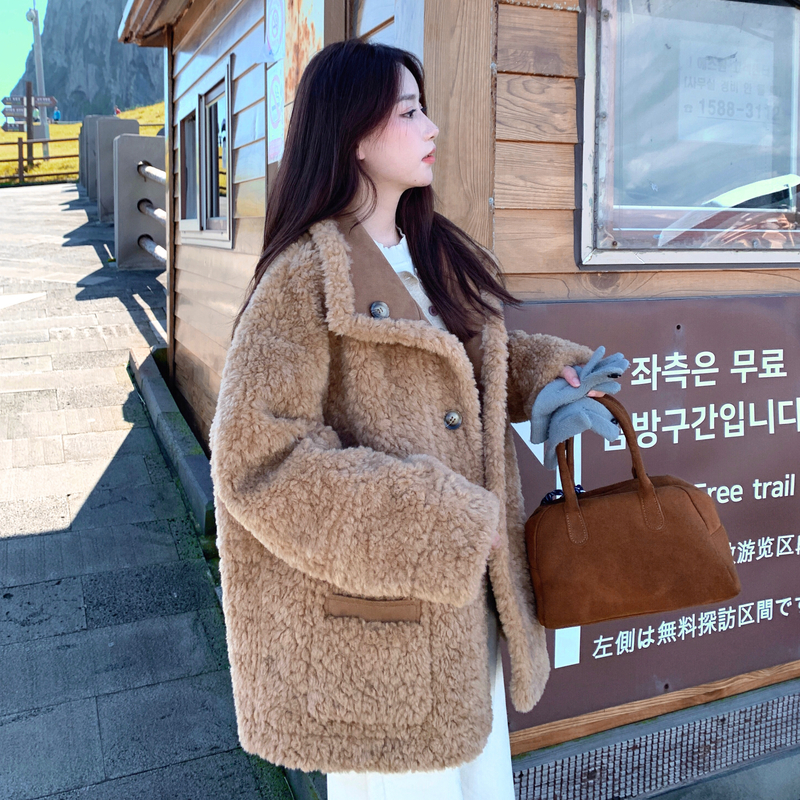 温柔风两面穿羊羔毛外套女2025秋冬中长款皮毛一体宽松廓形厚外套,女装短外套,2C217