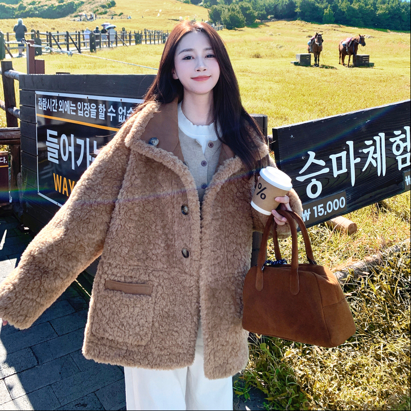 温柔风两面穿羊羔毛外套女2025秋冬中长款皮毛一体宽松廓形厚外套,女装短外套,2C217