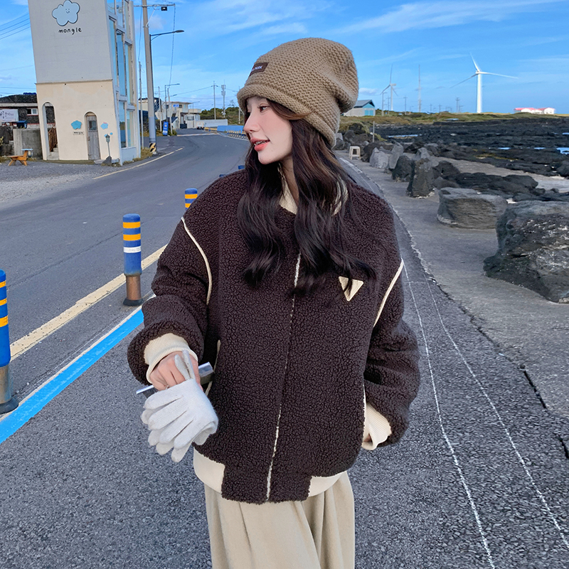 咖色棒球服羊羔毛外套女冬季2025新款韩系炸街爆款加厚摇粒绒棉衣图片