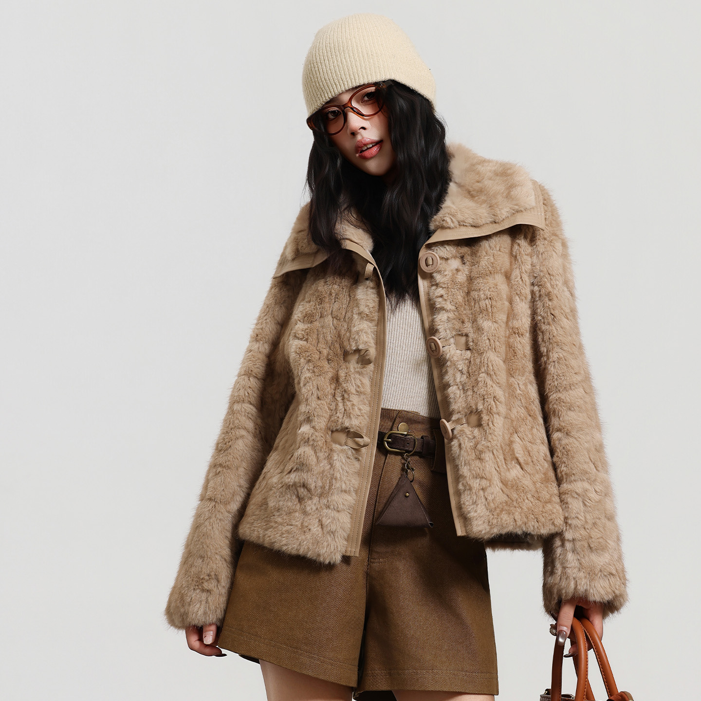 冬款皮毛一体时尚百搭气质长袖皮草外套轻奢风环保毛外套图片