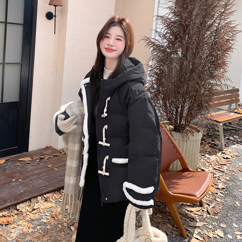 红色牛角扣羽绒服女2025冬季新款小个子加厚保暖白鸭绒面包服外套图片