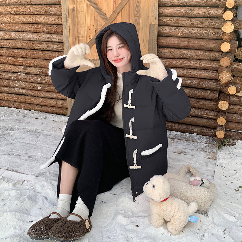 红色牛角扣羽绒服女2025冬季新款小个子加厚保暖白鸭绒面包服外套图片